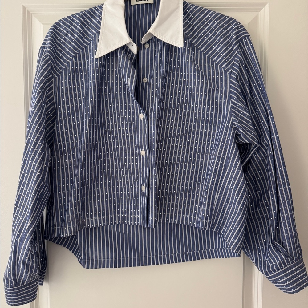 Sandro Rhinestone Blue Striped Button-Up Shirt 1